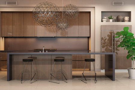 Modern interior of kitchen with living room