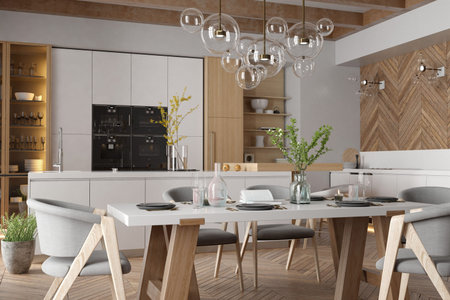 Modern interior of kitchen with living room