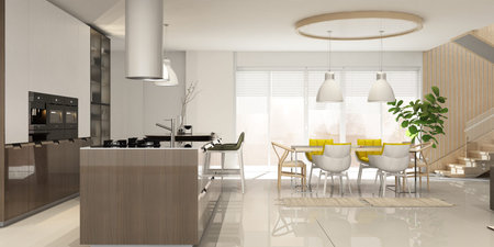 Modern interior of kitchen with living room