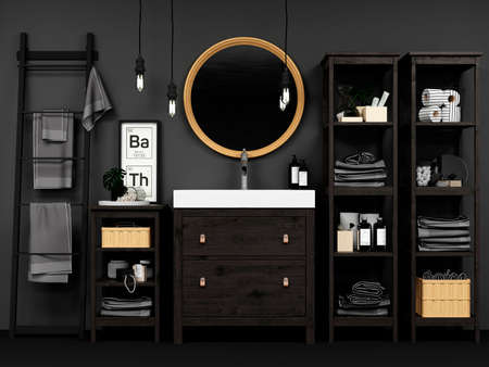 Modern bathroom interior with wooden decor in eco styleの写真素材