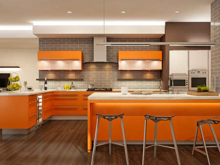 Modern interior of kitchen with living roomの写真素材