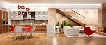 Modern living room with the kitchen