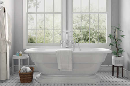 Modern bathroom interior with wooden decor in eco styleの写真素材