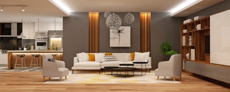 Modern interior of living room with kitchen in apartment or private house