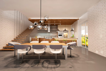 Modern interior of living room with kitchen in apartment or private house