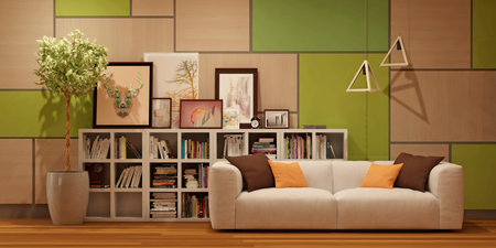 Modern interior of kitchen with living room in apartment or private house