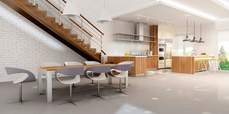 Modern interior of kitchen with living room in apartment or private house