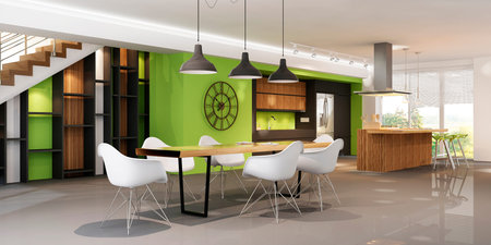 Modern interior of kitchen with living room in apartment or private house