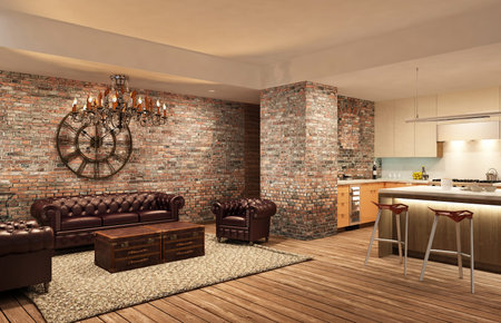 Modern interior of living room with kithen in house or apartment