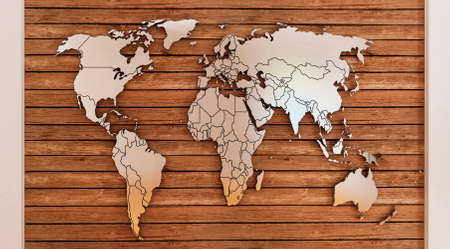 Metal world map on wooden backgroundの写真素材