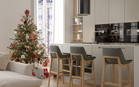 New year tree in scandinavian style interior with christmas decoration. 3D renderingの写真素材