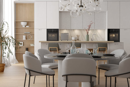 Modern interior of kitchen with living room. 3d render