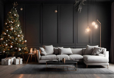 Black classic living room interior with Christmas tree and furniture. 3d render illustrationの素材