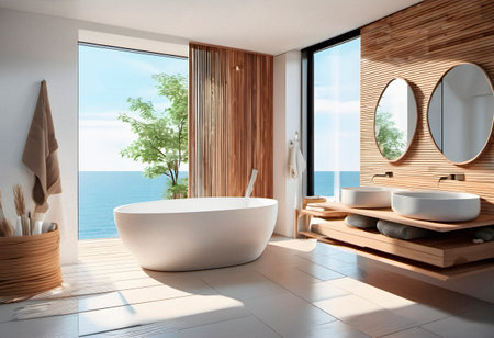 Interior of modern bathroom with wooden walls, tiled floor, comfortable white bathtub and round mirror. 3d renderingの素材