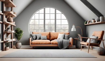 Interior of modern living room with gray walls, wooden floor, comfortable brown sofa and round coffee table. 3d renderingの素材