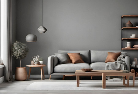 Modern living room interior with gray sofa and coffee table. 3d renderの素材