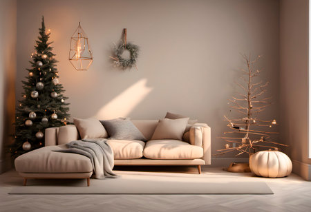 Christmas tree and sofa in the living room. 3d render.の素材