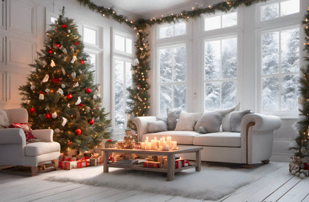 Christmas living room interior with Christmas tree, presents and fireplace. 3d renderの素材