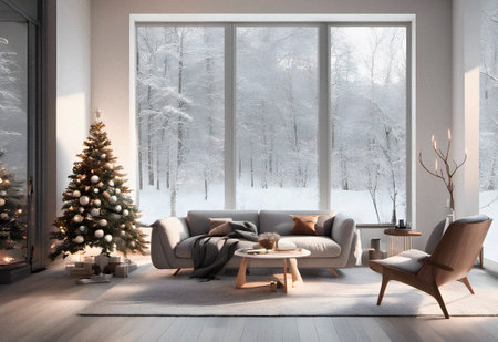 interior of modern bright living room with Christmas tree 3D renderingの素材