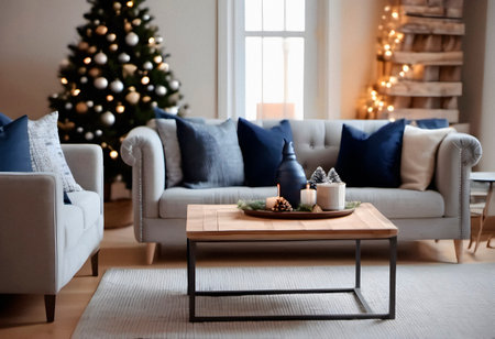 Christmas tree in the interior of the living room with a sofa and a coffee tableの素材