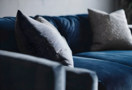 Close up of a blue sofa with pillows in the living roomの素材
