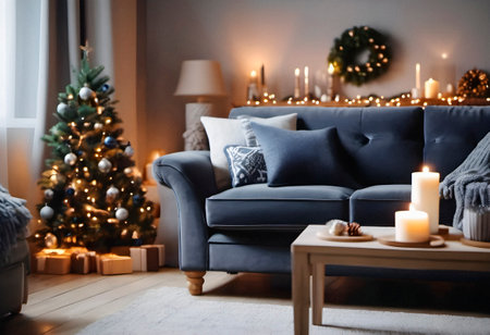 Modern living room interior with Christmas tree, candles and comfortable sofa.の素材