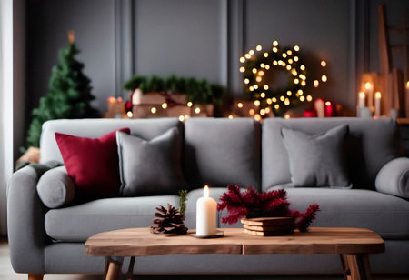 Beautiful living room with Christmas tree, sofa and candles on tableの素材