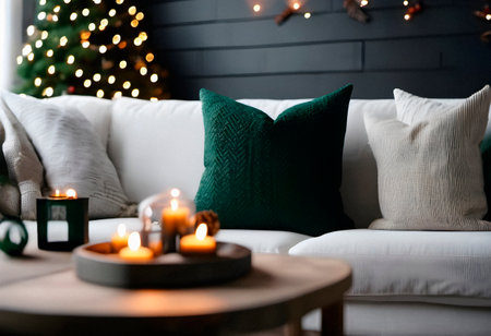 Cozy living room with Christmas tree, candles and sofa.の素材