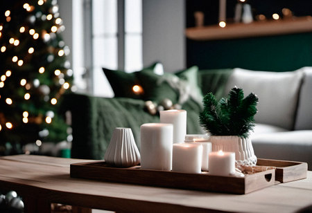 Decorated living room with Christmas tree, candles and decorations.の素材