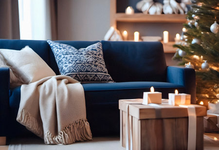 Christmas living room interior with blue sofa, candles and Christmas treeの素材