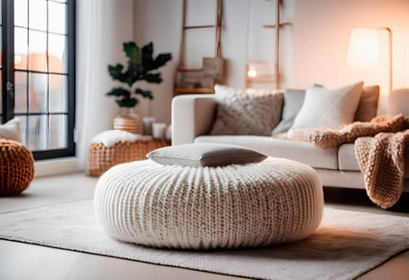 Cozy living room with white sofa, pillows and cushionsの素材