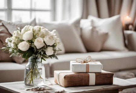 Bouquet of white flowers in a vase and gift boxes on the table. AI generated.の素材