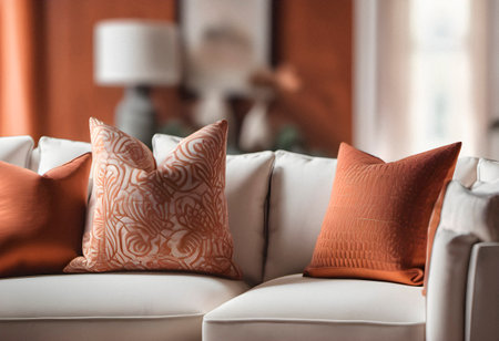 Close up view of orange pillows on sofa in modern living room. AI generated.の素材