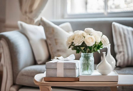 Bouquet of white roses in vase on table in living room. AI generated.の素材