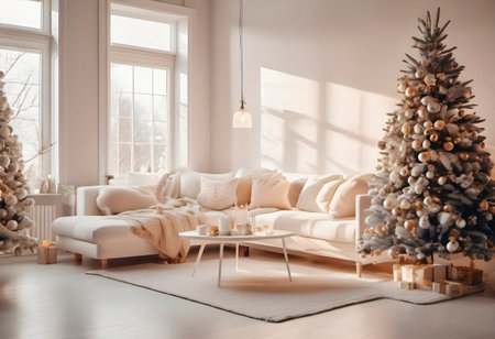 Christmas tree in the interior of the living room with a sofa and a coffee table. AI generated.の素材