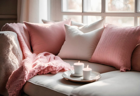 Cozy living room interior with pink pillows and candles on sofa. AI generated.の素材
