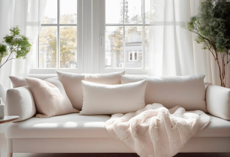 White sofa with pillows and plaid in living room. Interior design. AI generated.の素材