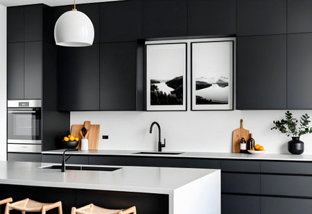 3d Illustration of black modern kitchen in a house with a beautiful design. AI generatedの素材