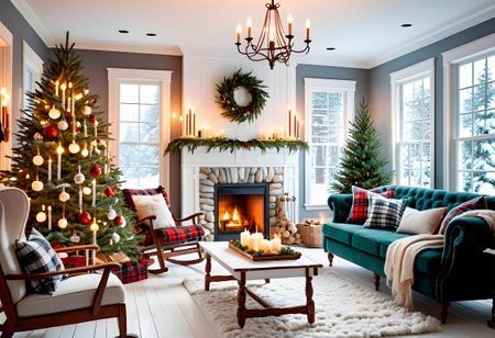 Beautiful living room with Christmas tree and fireplace. AI generatedの素材