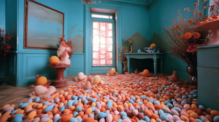 A vintage retro room filled and overflowing with Easter painted colorful eggs and bunnies. Abstract interior design and decoration, muted colors. Generative AI.の素材