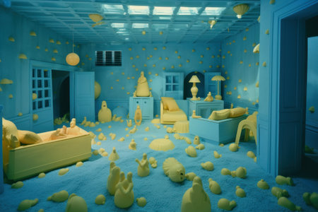 A vintage retro room filled and overflowing with yellow painted figurines and furniture and blue walls. Abstract interior design and decoration, muted colors. Generative AI.の素材