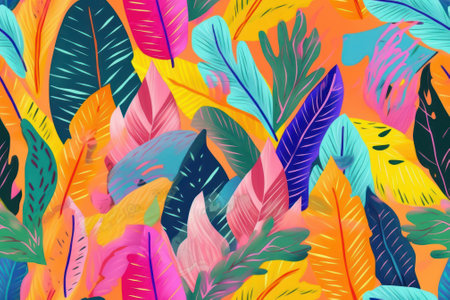 Seamless pattern tropical background, illustration of exotic summer leaf and plants in vivid colorful colors, flat lay. Generative AI.の素材