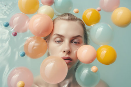 Underwater abstract portrait of a young beautiful girl with colorful balls on the surface of the water. Summer creative relaxing concept. Generative AI.の素材