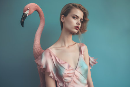 Abstract exotic pastel pink animal and woman concept portrait, young beautiful girl and tropical elegant flamingo. Generative AI.の素材