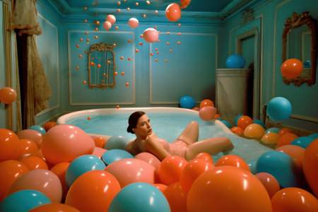 A vintage retro room filled and overflowing with orange painted colorful balls. Abstract interior design and decoration, muted colors. Generative AI.の素材