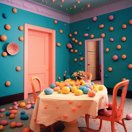 A vintage retro room filled and overflowing with Easter painted colorful eggs and bunnies. Abstract interior design and decoration, muted colors. Generative AI.の素材