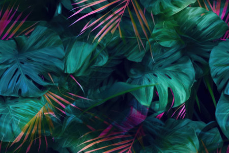 Tropical background exotic fresh green Summer palm leaves and plants in vivid colorful neon colors, flat lay of seamless pattern. Generative AI.の素材