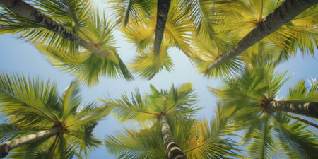 Summer background, palm tree and palm leaves through which the sun rays pass. Tropical, exotic background. Generative AI.の素材