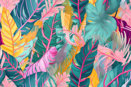 Seamless pattern tropical background, illustration of exotic summer leaf and plants in vivid colorful colors, flat lay. Generative AI.の素材