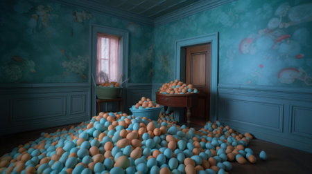 A vintage retro room filled and overflowing with Easter painted colorful eggs and bunnies. Abstract interior design and decoration, muted colors. Generative AI.の素材